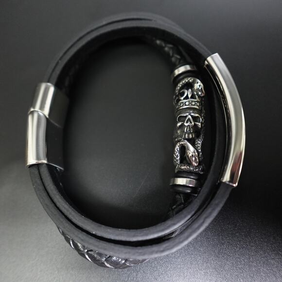 Stainless Steel Bar Accent and Leather Bracelet with Skull & Snake - Picture 5 of 9